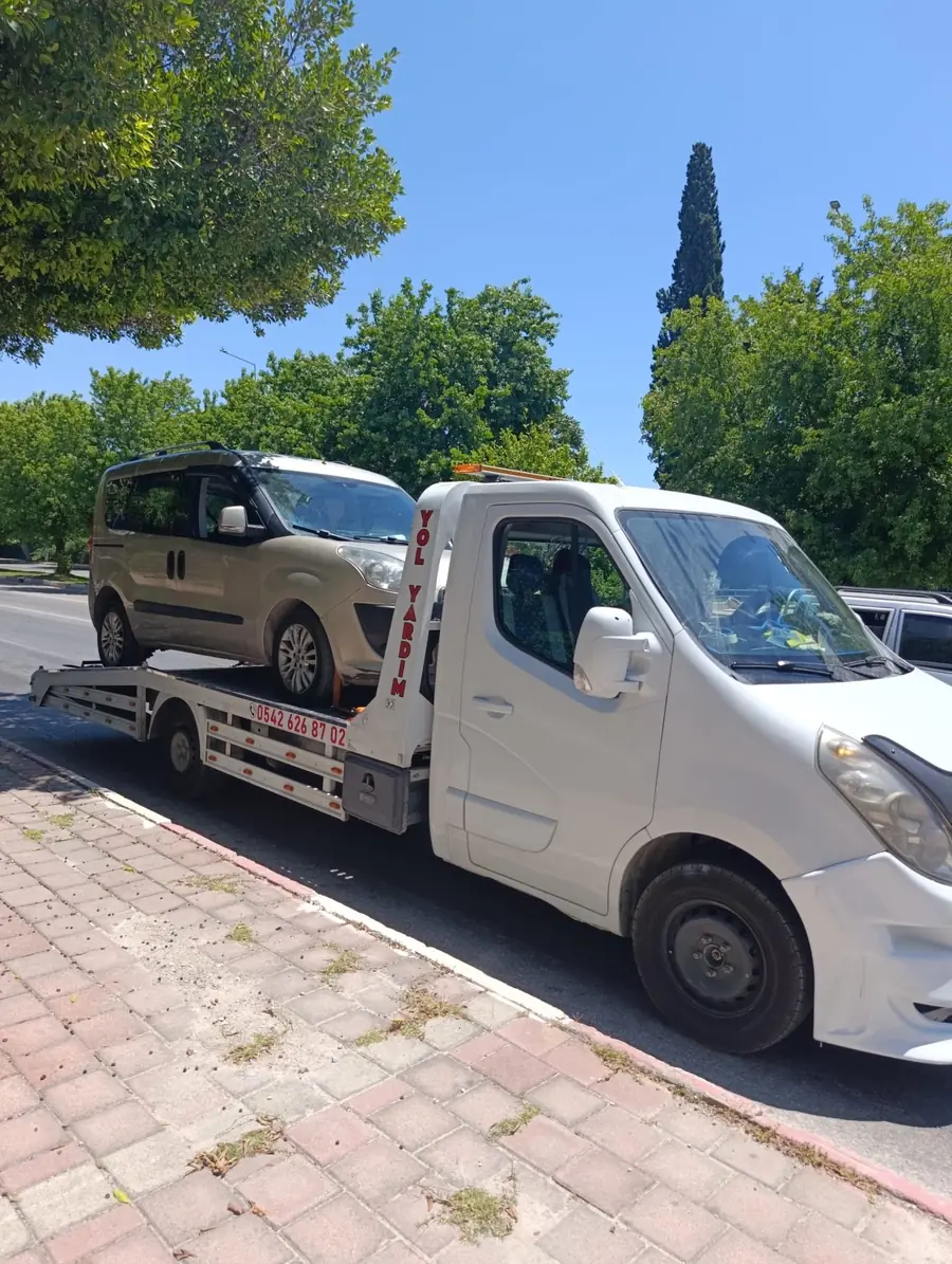 Gündüz, ağaçlı bir caddenin kenarında beyaz çekici platformuna aldığı bej rengi bir hafif ticari aracı taşıyor